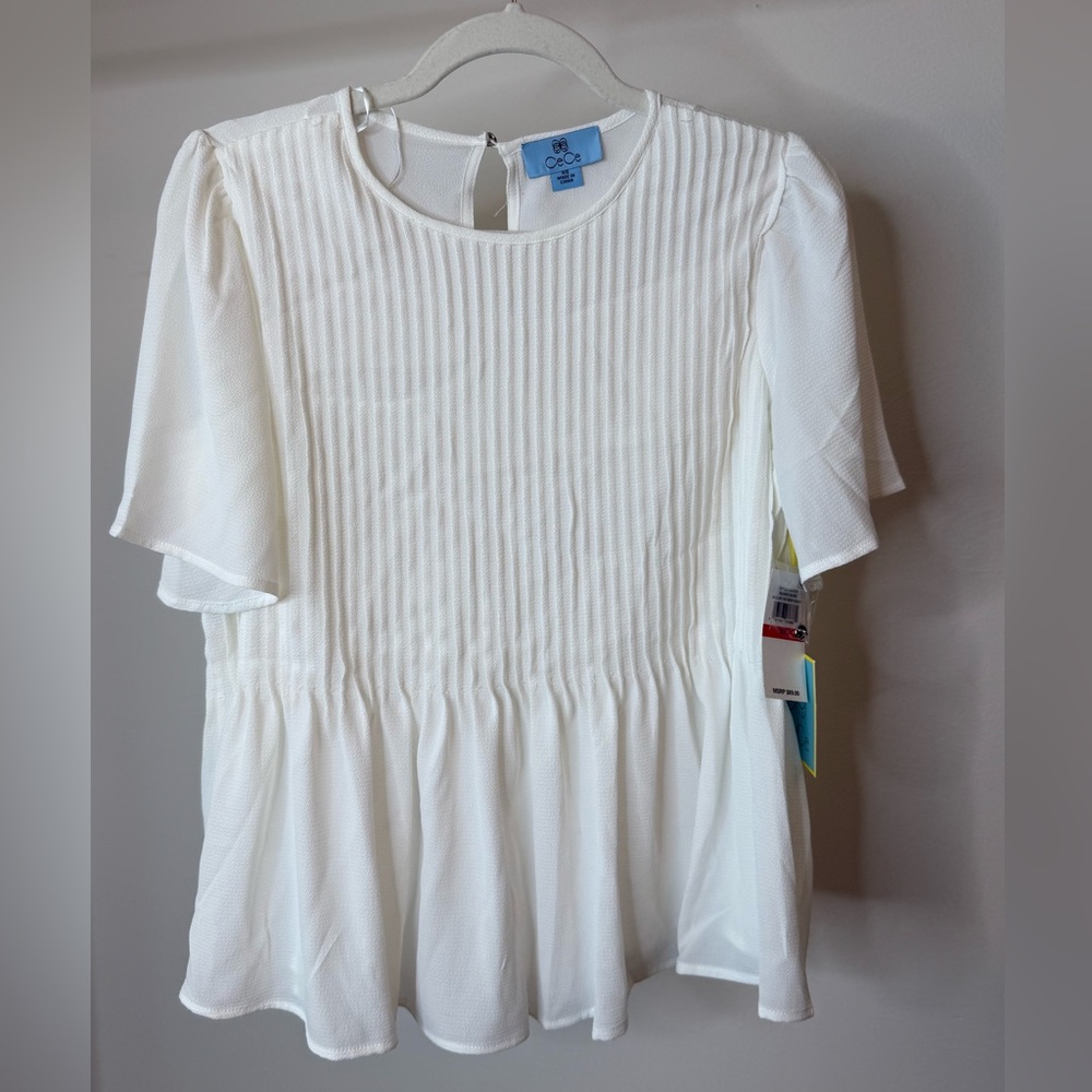CeCe Ivory Textured Peplum Short Sleeve Blouse
